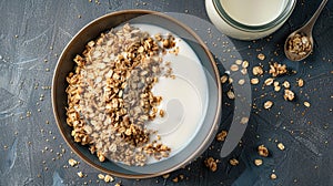 a bowl filled with Greek yogurt topped with granola, positioned centrally on a light background, with additional granola