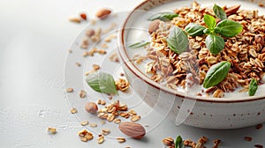 a bowl filled with Greek yogurt topped with granola, positioned centrally on a light background, with additional granola