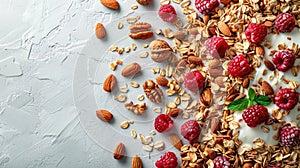 a bowl filled with Greek yogurt topped with granola, positioned centrally on a light background, with additional granola