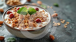 a bowl filled with Greek yogurt topped with granola, positioned centrally on a light background, with additional granola