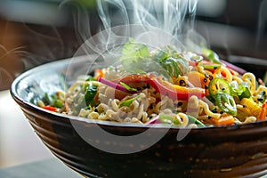 A bowl filled with hot noodles, topped with colorful vegetables, and emitting steam, A bowl of steaming ramen noodles topped with