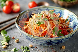 Bowl filled with noodles, mixed vegetables, and papaya salad in blue and white setting, A refreshing papaya salad made with