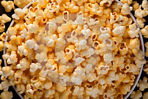 A bowl filled with popcorn placed on a table, A tub of fresh popcorn seen from a bird\'s eye view, AI Generated