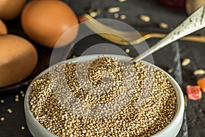 Bowl filled with Quinoa cereals. Perfect dish for vegetarians.Quinoa seeds