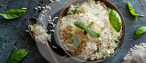 Bowl Filled With Rice and Basil Leaves