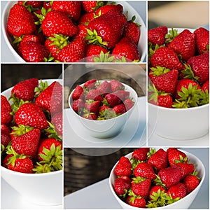 Bowl filled with succulent juicy fresh ripe red strawberries