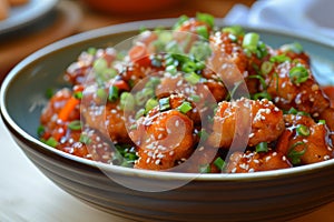 A bowl filled with a variety of meat and vegetables is placed on top of a table, Tangy, sweet and spicy - a vibrant ode to General