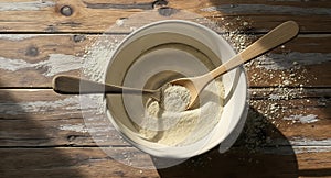 Bowl of fine powder with wooden spoons on rustic wooden surface