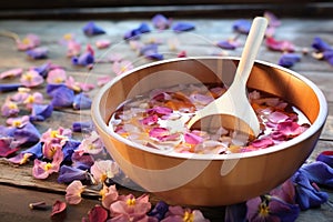 a bowl of floral petal bath with essential oils and a wooden ladle