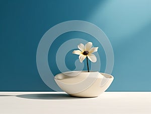 bowl and flower on blue background