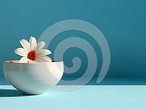 bowl and flower on blue background