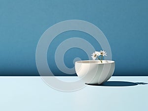 bowl and flower on blue background