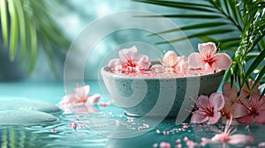 A bowl of flowers and water on a table with rocks, AI