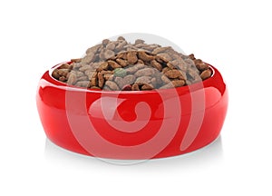 Bowl with food for cat or dog on white background