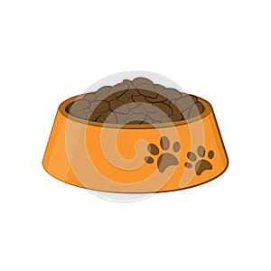 Bowl with food for the dog and cat. Icon of plastic dish with animal feed. Isolated image on white background