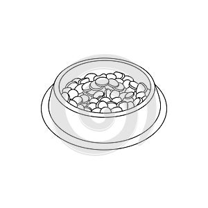 Bowl of food for feed dog and cat pet in doodle style, vector illustration. Animal bowl outline for print and design