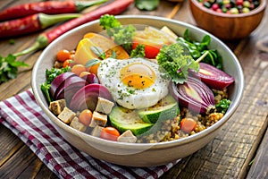 A bowl of food with a fried egg and vegetables