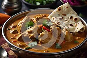 a bowl of food that has a piece of meat Indulgent Delight Malai Chicken Curry Paired with Soft