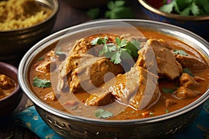 a bowl of food with rice and rice and a plate of rice Malai Chicken Curry Delight Paired Perfectly