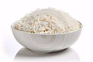 A bowl of fragrant Basmati rice isolated on white, representing a