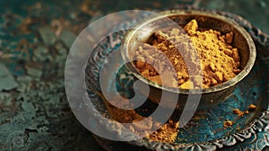 A bowl of fragrant golden turmeric powder highlighting the use of this powerful e in traditional Ayurvedic medicine for photo