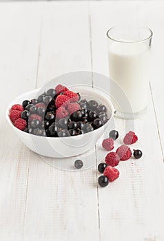 Bowl with fresh berries and glass of milk