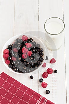 Bowl with fresh berries and glass of milk