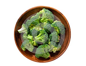 Bowl of fresh broccoli florets isolated on white background