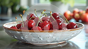 A bowl of fresh cherries on the kitchen counter