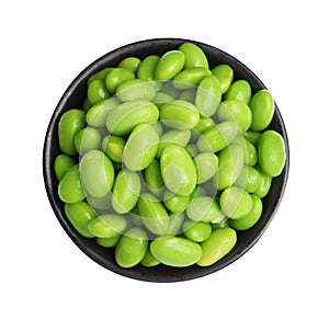 Bowl with fresh edamame soybeans on white background, top view