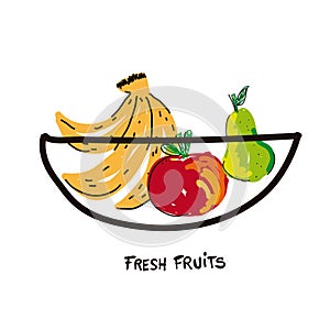 Bowl with fresh fruit in doodle style vector illustration