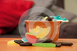 Bowl of fresh gelatine candies on the table