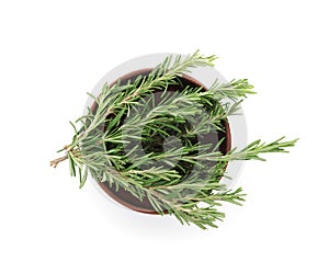 Bowl with fresh green rosemary on white background