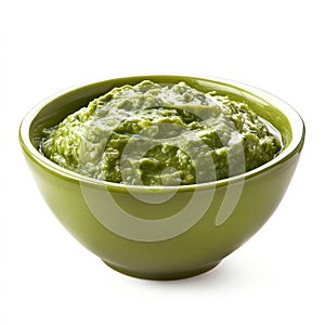 A bowl of fresh guacamole, isolated on a white background, emphasizing