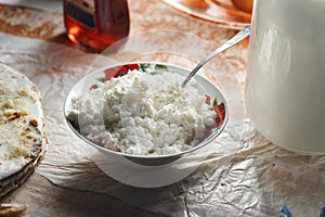 Bowl fresh homemade cottage cheese table Rustic style