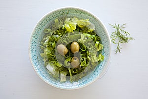 Bowl of fresh leafy green salad with olives, dill, onion and paprika