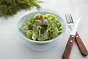 Bowl of fresh leafy green salad with olives, dill, onion and paprika