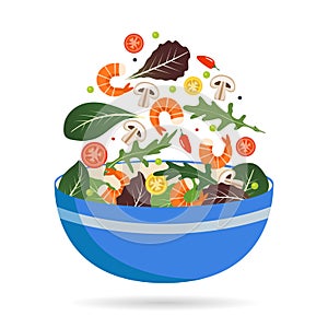 Bowl of fresh mix of salad leaves, vegetables and shrimp. Arugula, tomatoes, paprika, peppers and mushrooms. Vector