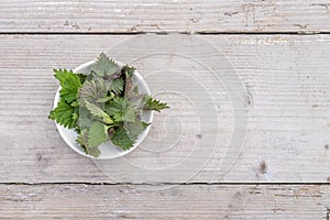bowl with fresh nettle shoots on a wooden background with copy space