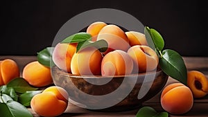 bowl of fresh ripe apricots with leaves on a wooden table