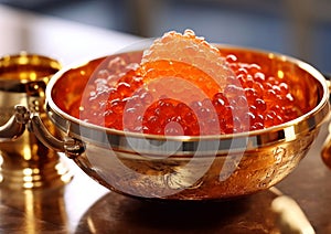Bowl with fresh salmon trout red caviar on steel table.Macro.Ai Generative