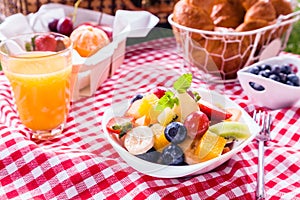 Bowl of fresh tropical fruit salad at a picnic