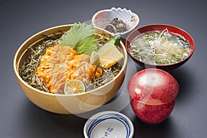 Bowl of fresh urchin eggs and seaweed soup