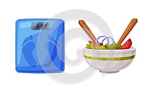 Bowl of fresh vegetable salad and floor scales. Healthy diet concept vector illustration