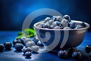 bowl with fresh washed blueberries on a turquoise background, Generative AI