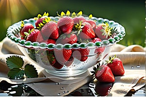 Bowl of freshly picked strawberries, drops of water on the surface reflecting morning sunlight, nestled in natural beauty