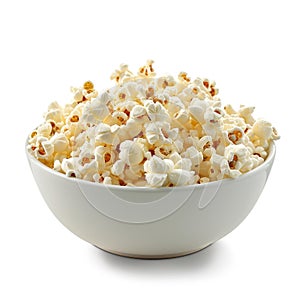 Bowl of freshly popped popcorn, white background, Ai Generated
