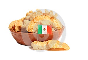 Bowl of Fried Pork Skins With Flag of Mexico Isolated on White Background