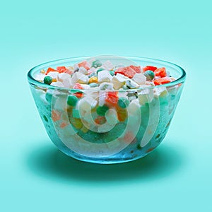 Bowl with frozen vegetables on a green background
