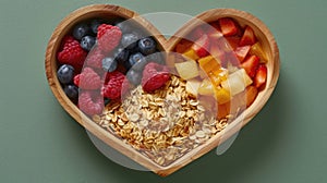 A bowl of fruit and oatmeal in the shape of a heart